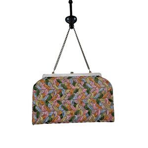 Vintage Handbag Woman Purse Mid Century Modern Colorful Leafs Chain Handle 1960s